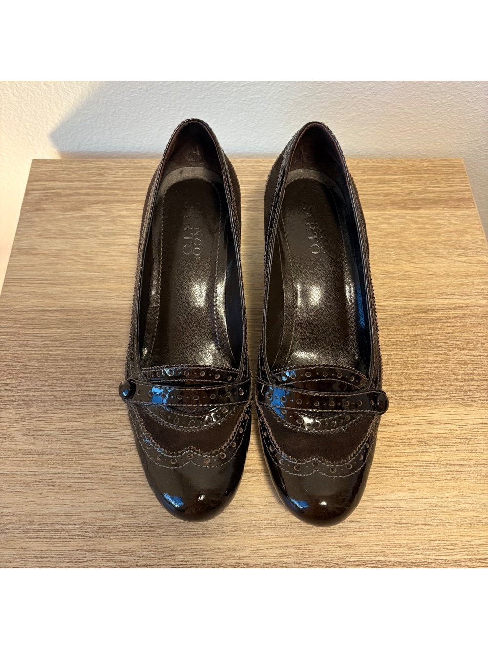Franco Sarto Brown Leather Suede Mary Jane Pumps 8M Brogue Kitten Heel Fall